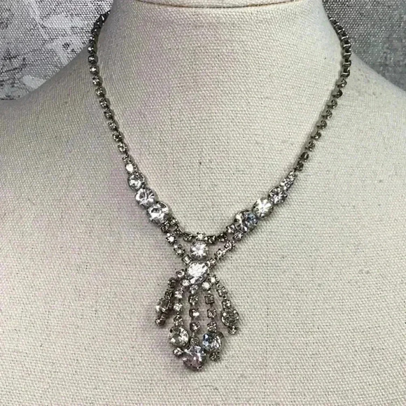 Rhinestone Bling Necklace with Rhinestone Dangle Drops Pendant Vintage 1950’s - Picture 1 of 3
